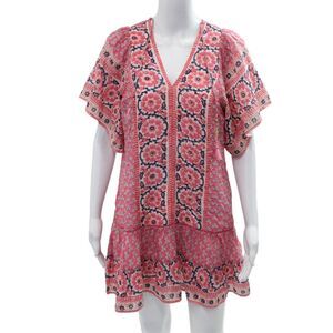 Bell Women Kaftan Shift Dress Pink Floral V Neck Short Sleeve Size XS